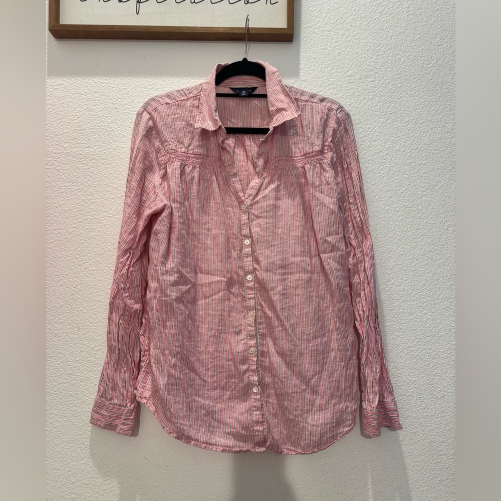 Lands' End striped linen button-up shirt in a pink and white colorway